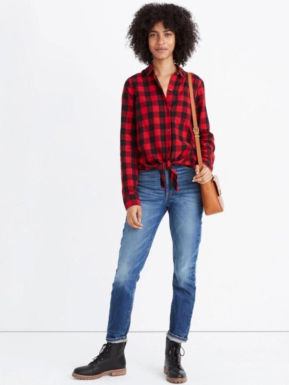 Madewell Flannel Tie-Front Shirt in Buffalo Check Red Black Long Sleeve
